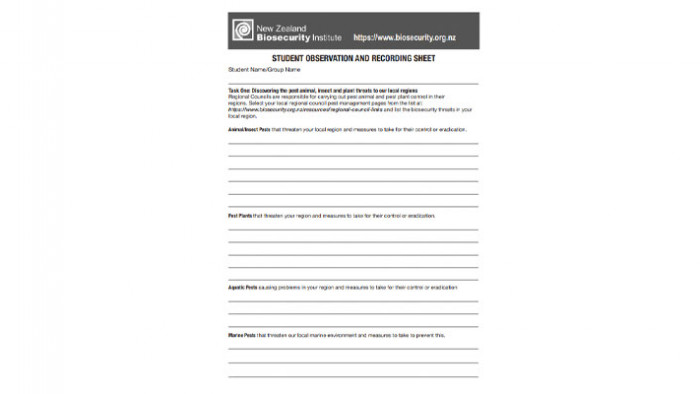 Student observation and recording sheet NZ Biosecurity Institute 720 x 400