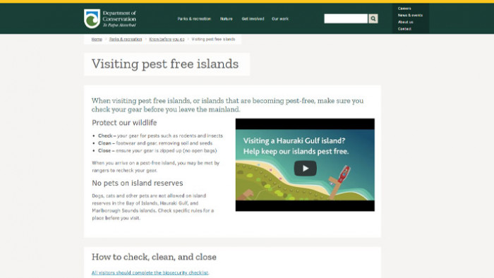 Visiting Pest Free Islands landing page DOC 720 x 400